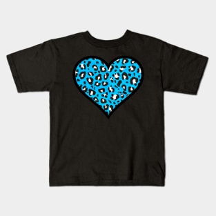 Sky Blue, Black and White Leopard Print Heart Kids T-Shirt